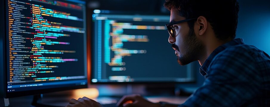 Developer focused on code, colorful editor open