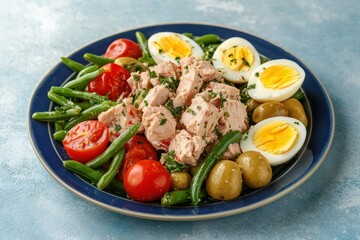 Top view of a plate featuring Nicoise salad with tuna tomatoes eggs green beans potatoes and olives against a blue table