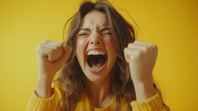 Overjoyed brunette young lady clenches two fists, celebrates success and exclaims with joy, shouts good job, makes hooray gesture, triumphs from successful deal or awesome news, feels thrilled