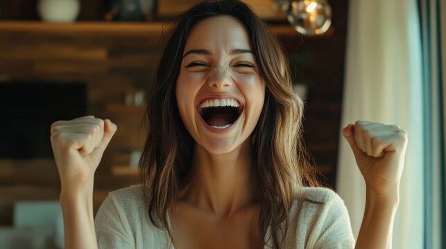 Overjoyed brunette young lady clenches two fists, celebrates success and exclaims with joy, shouts good job, makes hooray gesture, triumphs from successful deal or awesome news, feels thrilled