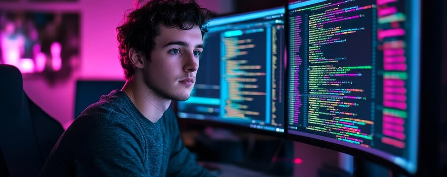 Developer focused on coding, colorful editor on screen, night session