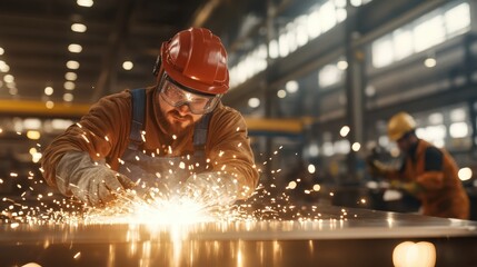 An industrial worker in protective gear is actively welding, creating a bright spray of sparks, revealing the intensity and dedication in metal fabrication.
