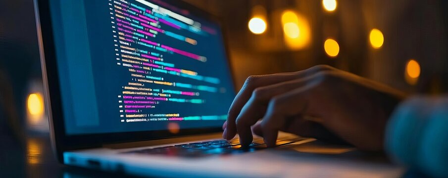 Developer typing on laptop, colorful code on screen, dark room
