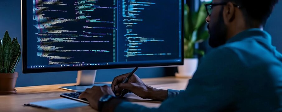 Developer writing code on desktop, organized workspace, high-tech feel