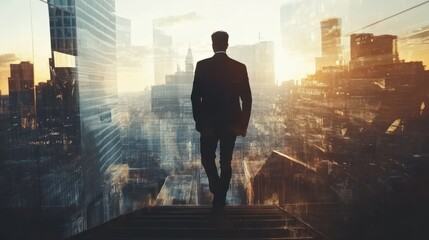 Rear view of a businessman climbing stairs to get to a large city center. Concept of success and appreciation. Double exposure