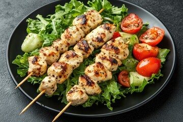 Top view of chicken kebabs and vegetable salad on a black plate against a dark background with room for text