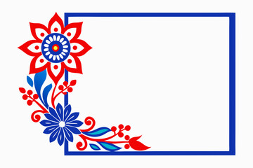 Fototapeta premium Blue red rectangle floral ornament corner frame on white background