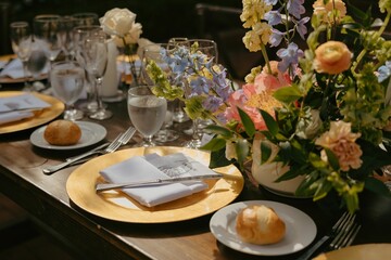 Fototapeta premium Elegant wedding table setting with flowers and glasses, perfect for a romantic celebration