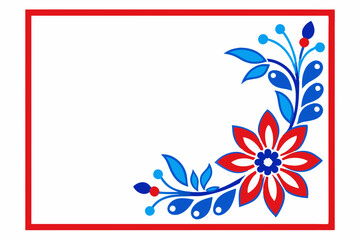 Blue red rectangle floral ornament corner frame on white background
