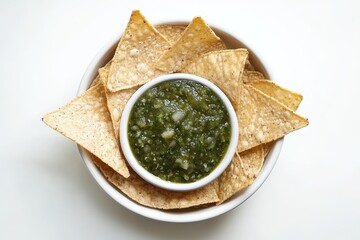 Top view of nachos or triangular corn chips with spicy salsa verde on a white background