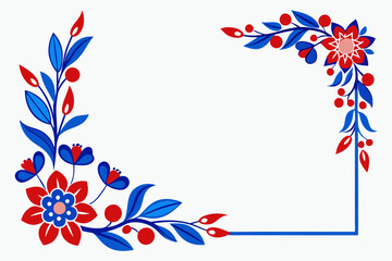 Blue red rectangle floral ornament corner frame on white background