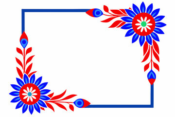Fototapeta premium Blue red rectangle floral ornament corner frame on white background