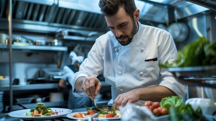 Chef cooks and presents a dish in the kitchen of a luxury restaurant