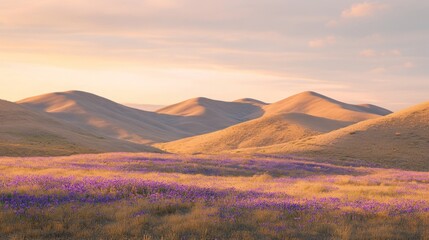 A field of purple wildflowers blooms at sunset in a valley surrounded by rolling hills.