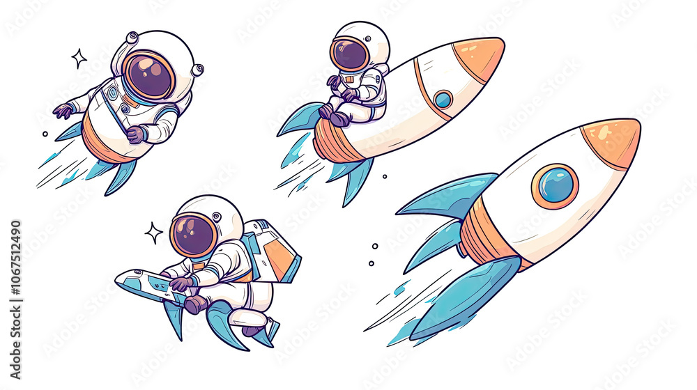 Poster astronauts joyfully riding colorful rockets in outer space adventures generative ai