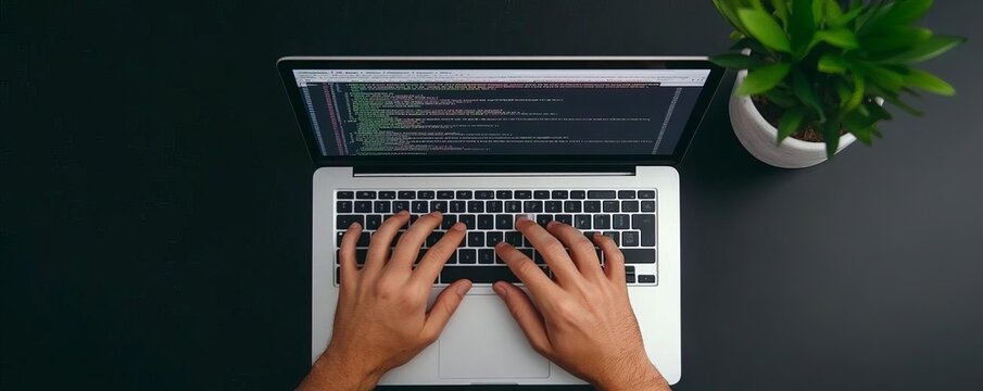 Overhead view of hands typing on laptop, bright code editor