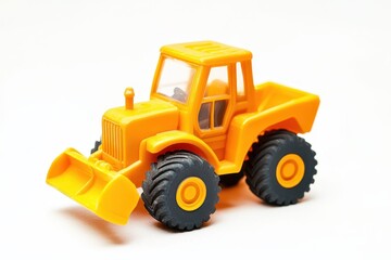 Fototapeta premium Toy excavator set against a white background plastic vehicle for kids used in construction play
