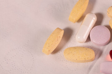 close up of pills on table