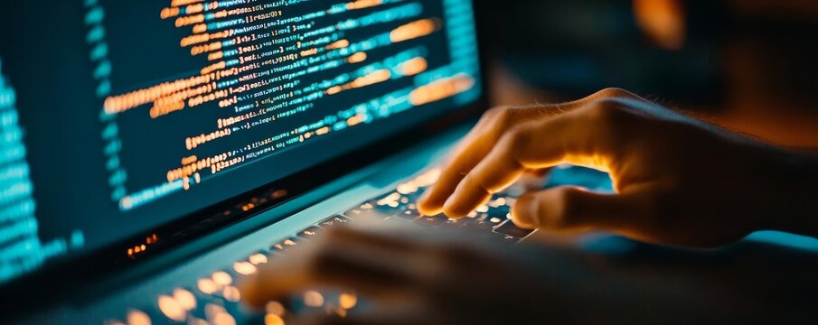Programmer coding in low light, screen with code