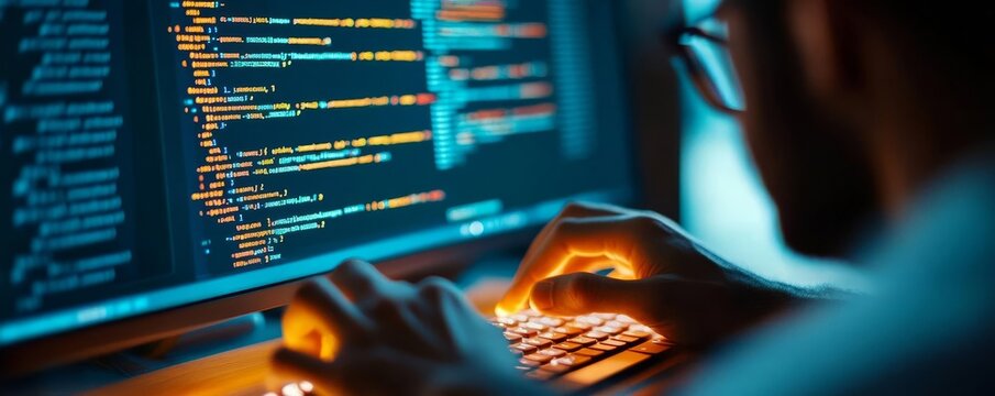 Programmer coding in low light, screen with code
