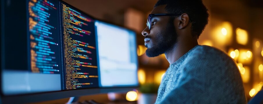 Programmer coding in low light, screen with code
