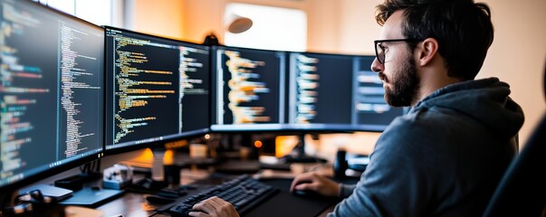 Programmer focused on code, multi-screen setup, high-tech workspace