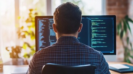 Programmer focused on coding, intense session, modern workspace