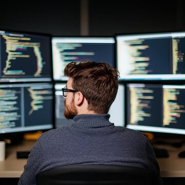 Programmer focused on coding, multiple monitors, bright screens