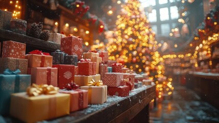 wooden display table adorned with colorful holiday products a beautifully decorated christmas tree in the background glowing with golden bokeh lights evoking festive cheer