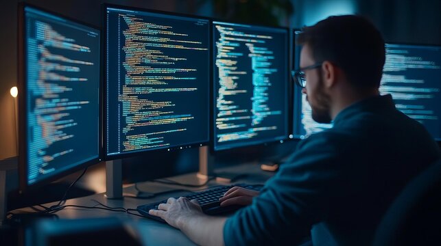 Programmer in dark room, multiple monitors with code, intense focus