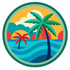 Bali round sticker, colorful, palm tree, ocean vector illustration