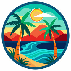 Bali round sticker, colorful, palm tree, ocean vector illustration