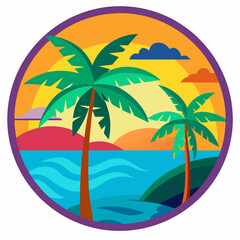 Bali round sticker, colorful, palm tree, ocean vector illustration