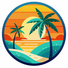 Bali round sticker, colorful, palm tree, ocean vector illustration