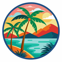 Bali round sticker, colorful, palm tree, ocean vector illustration