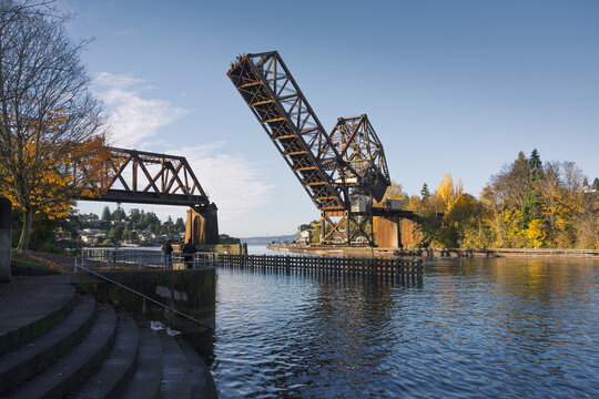 Salmon Bay Bridge Lifted on a Sunny Day in Ballard, Seattle