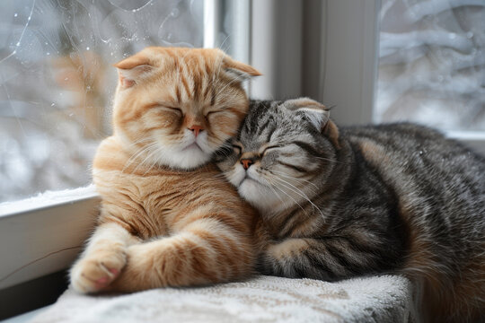 A ginger and a tabby Scottish Fold cat cuddle peacefully by a frosty window, enjoying a serene winter afternoon indoors. Their relaxed expressions and soft fur radiate warmth, comfort - Powered by Adobe