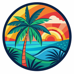 Bali round sticker, colorful, palm tree, ocean vector illustration