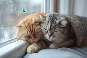  A ginger kitten and a gray kitten rest cozily by the window, peacefully curled up together. The soft, natural light adds a gentle warmth to their fur, creating a serene and endearing scene.
