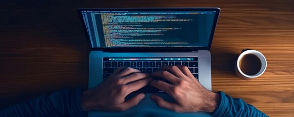 Programmer typing code on laptop in dark room, code screen illuminated