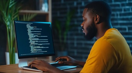 Fototapeta premium Programmer typing in low light, screen glowing