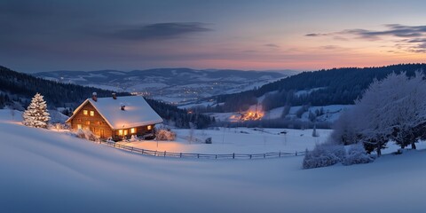 a christmas tree with candles stands in the snow next to a lonely romantically lit hut in mountains