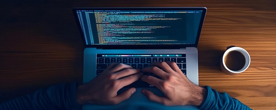 Programmer typing code on laptop in dark room, code screen illuminated