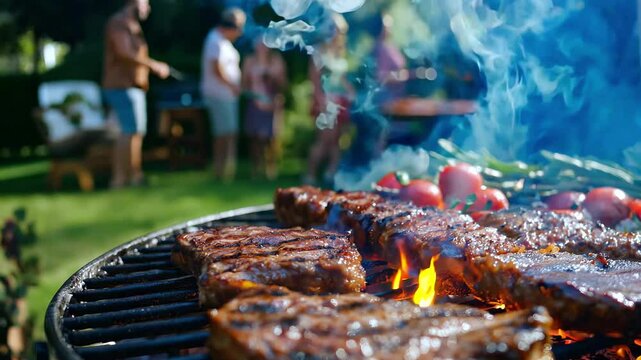 Summer bbq gathering with grilled steaks and vegetables in a lively backyard setting