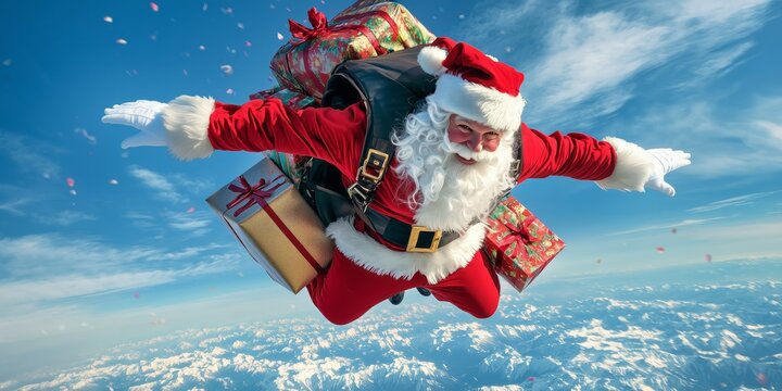 Santa Claus as a skydiver jumps to earth with a parachute and many gifts on his back