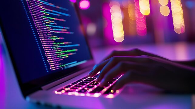 Programmer typing on laptop with vibrant code editor, modern workspace
