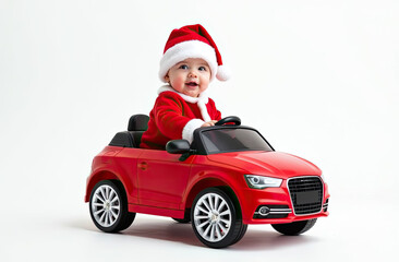 A joyful baby in a Santa outfit driving a toy car during the festive holiday season