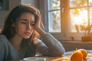 Unhappy fatigued woman in the morning skipping breakfast battling fibromyalgia and vitamin deficiency