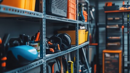 Organized Garage Shelving, close-up view of neatly arranged tools and sports equipment, highlighting efficient storage solutions for a tidy workspace