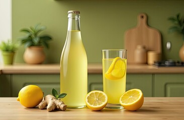 Fototapeta premium Refreshing homemade lemonade with ginger served in a glass alongside lemons and ginger root